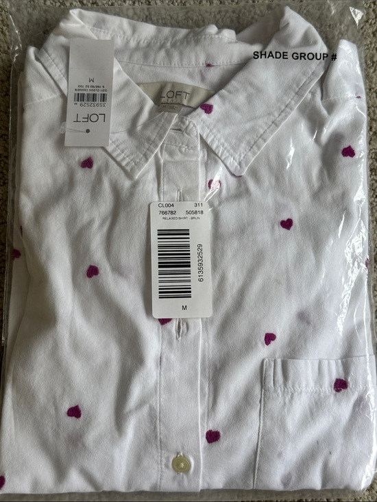 LOFT Tops - LOFT White Button-Down Shirt with Pink Heart Dots